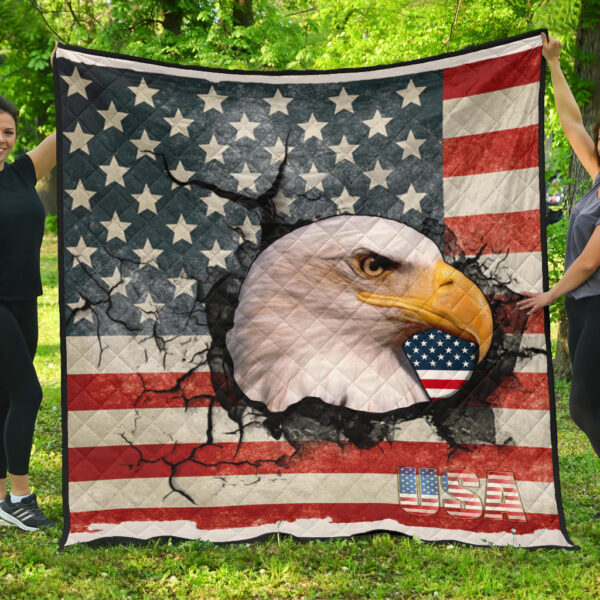 US Independence Day Bald Eagle Breaking Though US Flag Premium Quilt Blanket