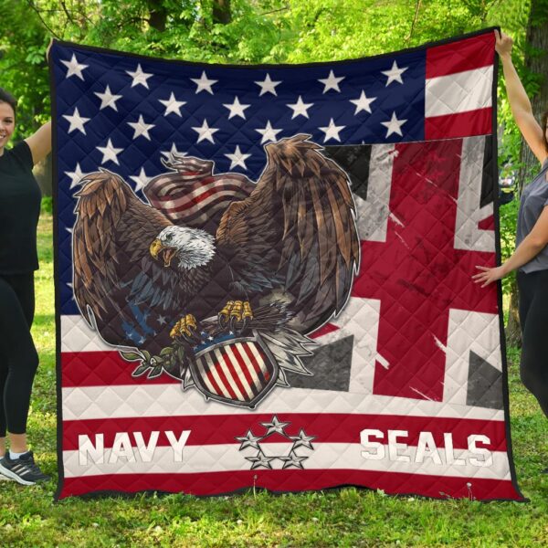 US Independence Day Eagle Taking US Shield Navy Seals Premium Quilt Blanket