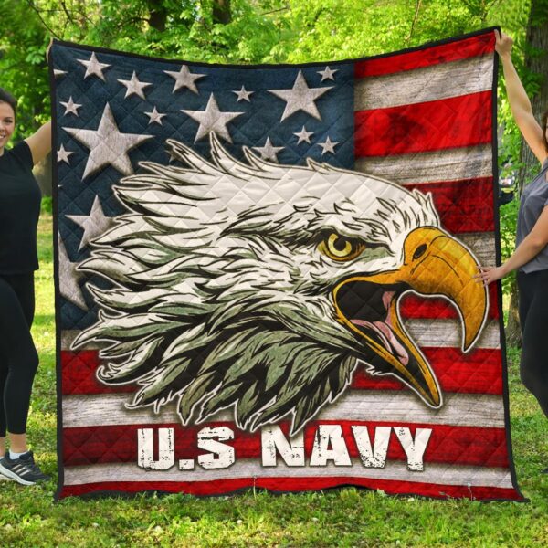 US Independence Day U.S Navy Eagle On American Flag Premium Quilt Blanket