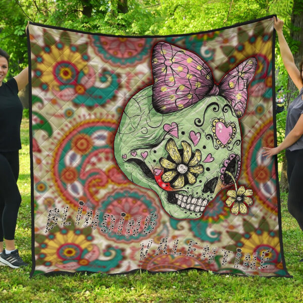 Valentine Premium Quilt – Drawing Floral Skull Blinding Valentine Quilt Blanket