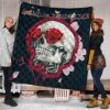 Valentine Premium Quilt - Golden Skull On Bunch Of Rose Flower Love Quilt Blanket 1