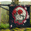 Valentine Premium Quilt - Golden Skull On Bunch Of Rose Flower Love Quilt Blanket 13