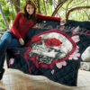 Valentine Premium Quilt - Golden Skull On Bunch Of Rose Flower Love Quilt Blanket 11