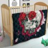 Valentine Premium Quilt - Golden Skull On Bunch Of Rose Flower Love Quilt Blanket 21