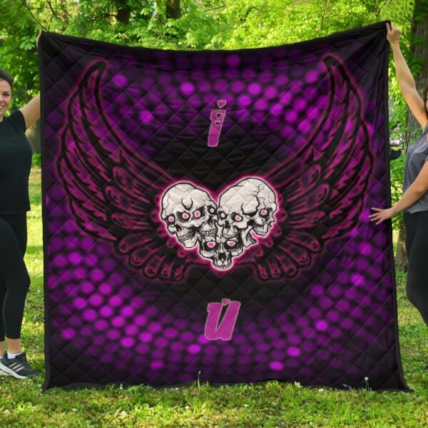 Valentine Premium Quilt – I Love You Purple Skull Heart With Wings Quilt Blanket