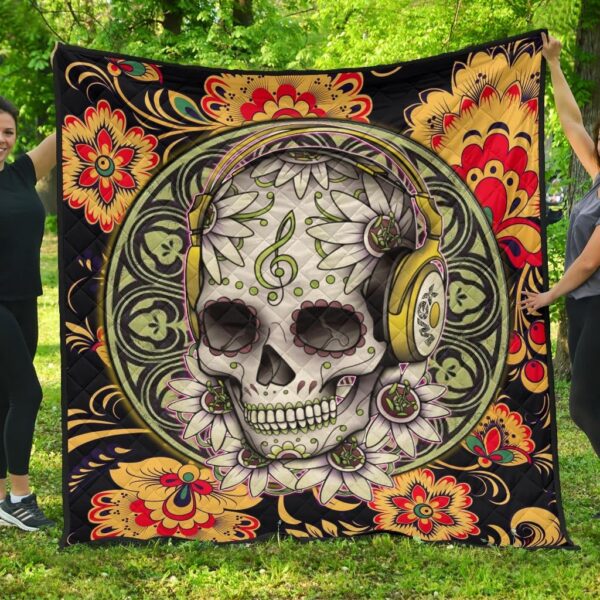 Valentine Premium Quilt – Mandala Skull Wearing Headphones Orange Artwork Quilt Blanket