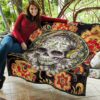 Valentine Premium Quilt - Mandala Skull Wearing Headphones Orange Artwork Quilt Blanket 11