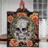 Valentine Premium Quilt - Mandala Skull Wearing Headphones Orange Artwork Quilt Blanket 3