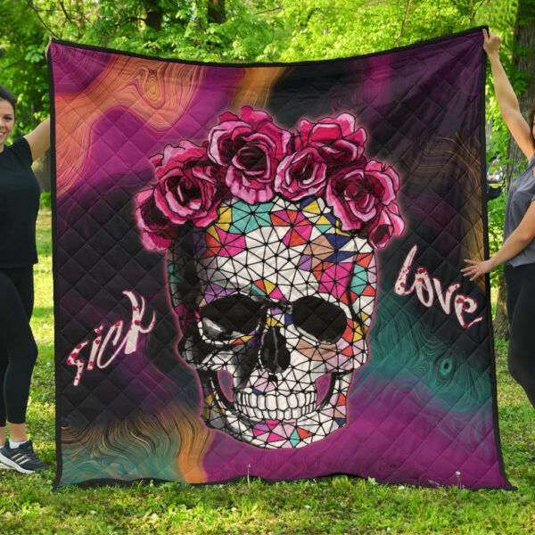 Valentine Premium Quilt – Mosaic Skull Wearing Rose Crown Sick Love Quilt Blanket