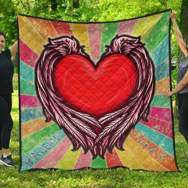 Valentine Premium Quilt Red Heart With Wings Flight Rainbow Vintage Background Quilt Blanket