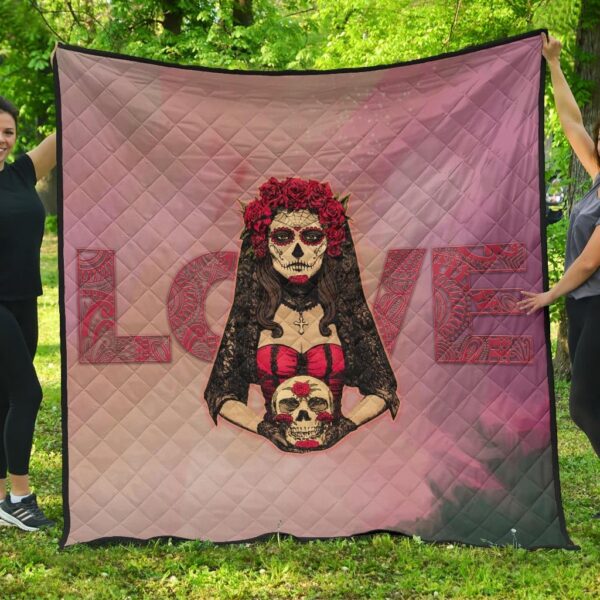 Valentine Premium Quilt – Roses Mandala Bride With Skull Love Quilt Blanket