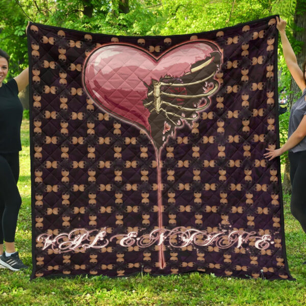 Valentine Premium Quilt – Skeleton Chest In Pink Heart Skull Patterns Quilt Blanket