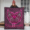 Valentine Premium Quilt Skeleton Hands In Melting Heart Valentine Pink Text Quilt Blanket 3