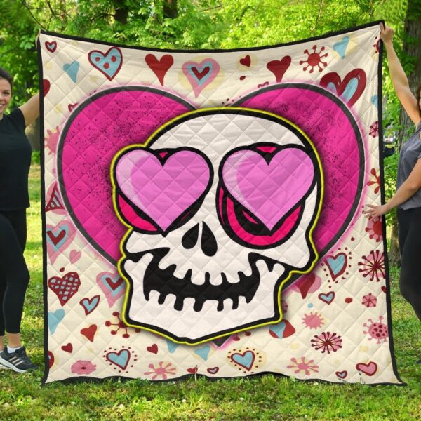 Valentine Premium Quilt – Skull In Love Heart Eyes Colorful Patterns Quilt Blanket