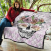 Valentine Premium Quilt - Skull Wearing Glasses And Flowers Crown Pink Quilt Blanket 11