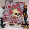 Valentine Premium Quilt - Skulls With Red Roses Flower Love In Bone And Blood Quilt Blanket 1