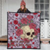 Valentine Premium Quilt - Skulls With Red Roses Flower Love In Bone And Blood Quilt Blanket 3