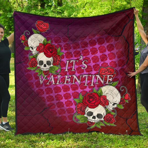 Valentine Premium Quilt – Skulls With Roses Flower Heart It’s Valentine Quilt Blanket