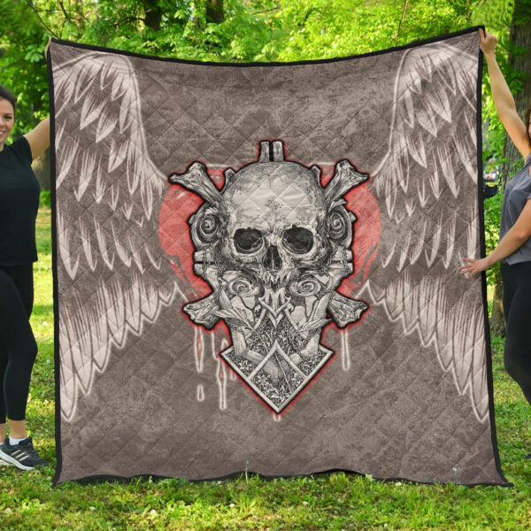 Valentine Premium Quilt Strange Skull With Angel Wings Red Heart Quilt Blanket