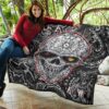 Valentine Premium Quilt - Tattooed Skull Rose Heart In Eyes Black White Pattern Quilt Blanket 11