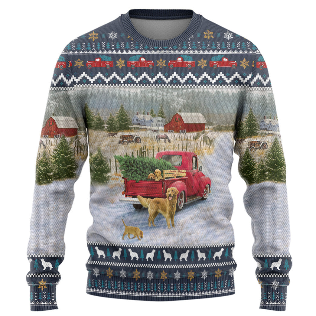 Golden Retriever Red Truck Christmas Custom Ugly Sweater