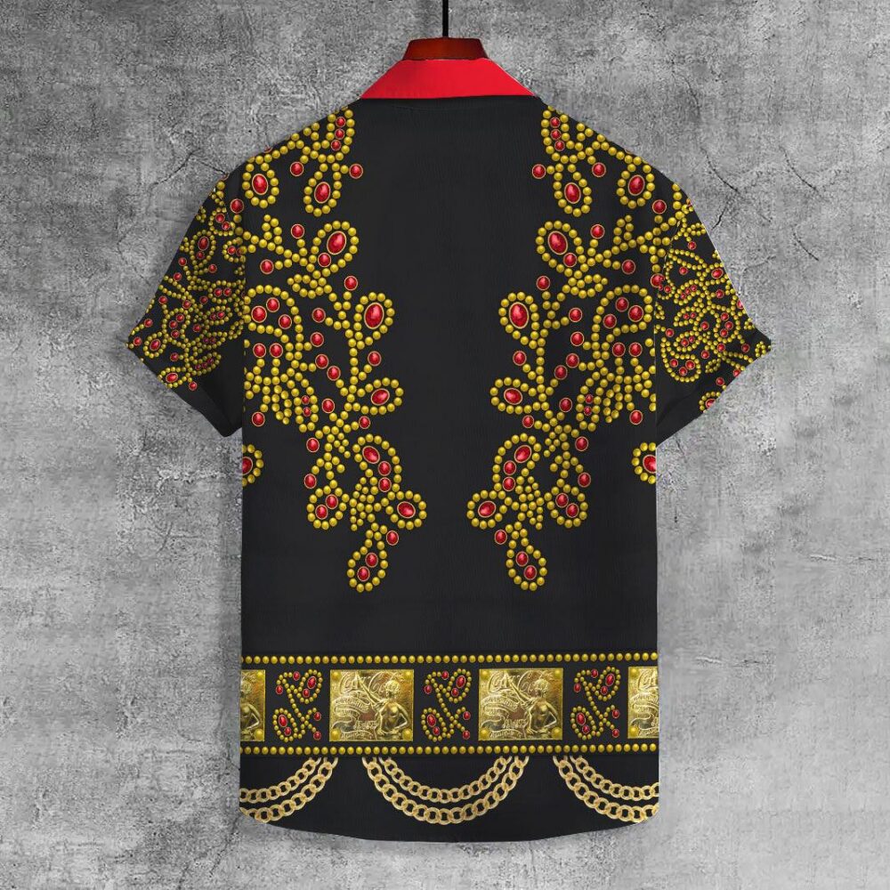 Elvis Spanish Flower – Black With Red Stones Unisex Hawaii Shirt