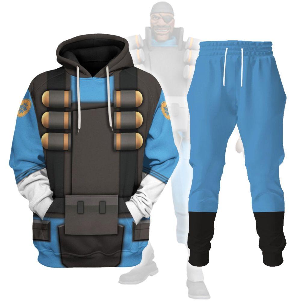 Demoman Blue Team TF2 Costume Hoodie Sweatshirt T-Shirt Tracksuit