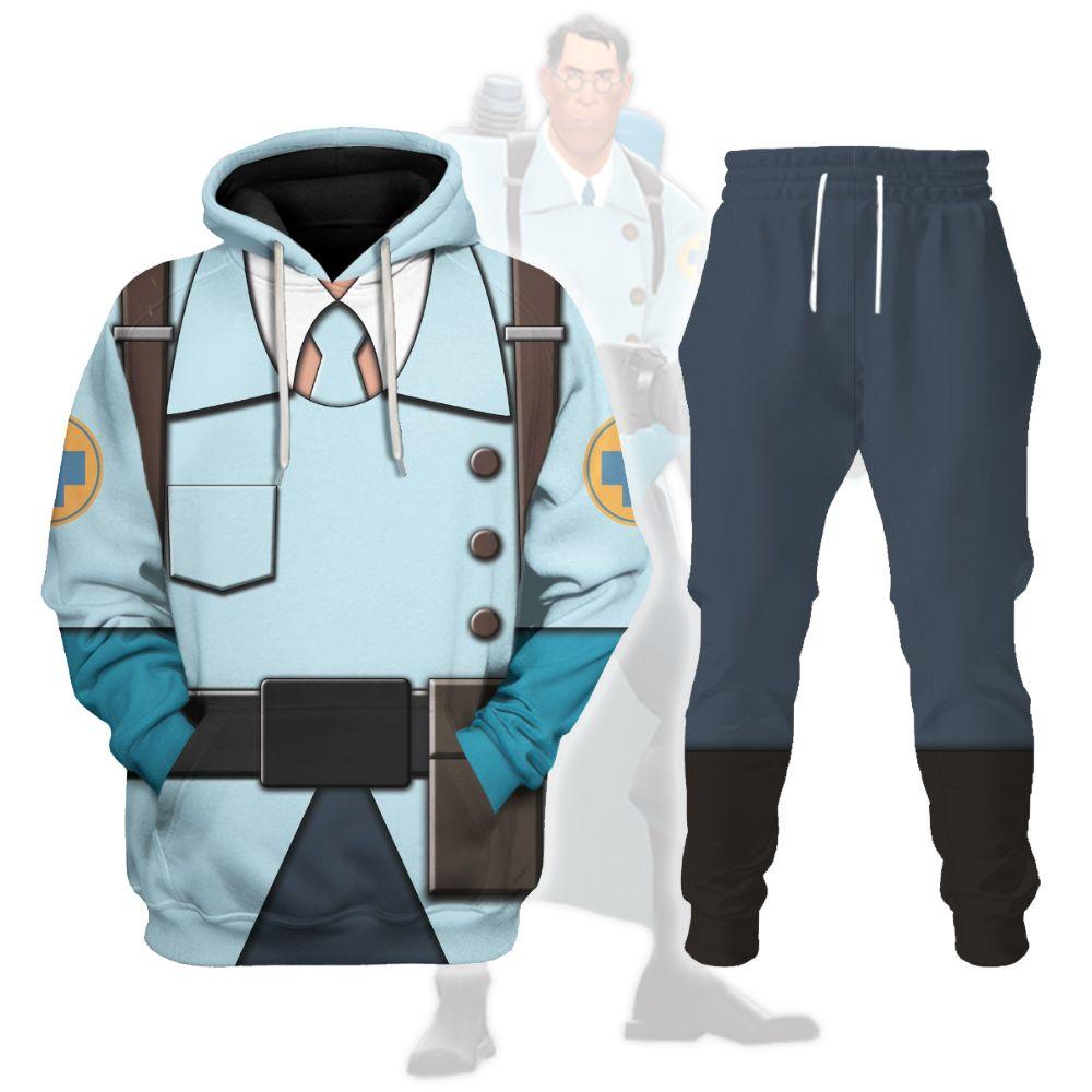 Medic Blue Team TF2 Costume Hoodie Sweatshirt T-Shirt Tracksuit